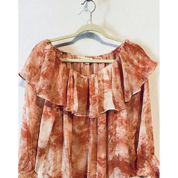 POL Top Womens Large Ruffle Collar Hand Dipped Dye Sheer Red Peasant Boho - Picture 2 of 8